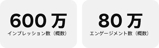 インプレッション数:600 万(概数)、エンゲージメント数:80 万(概数)。