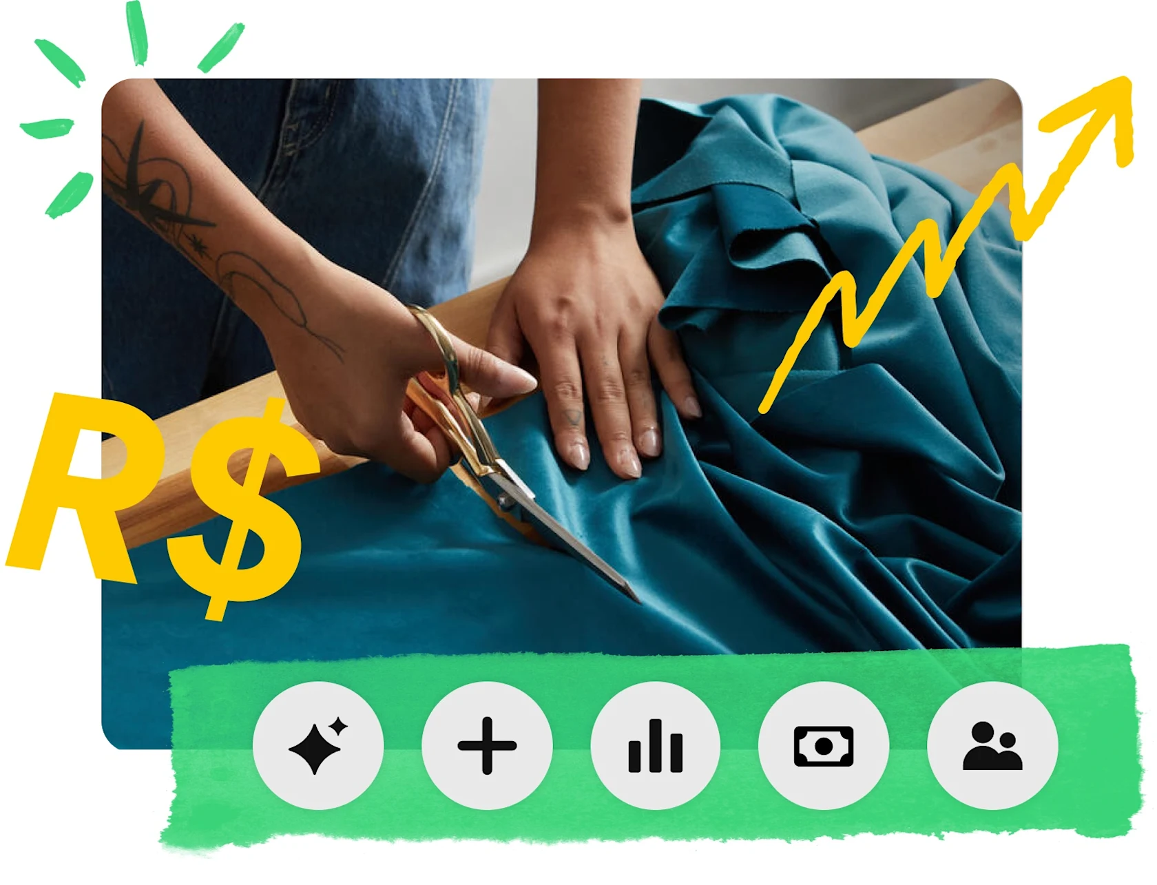 Close-up de uma pessoa cortando um pedaço de tecido azul-petróleo, um cifrão amarelo e uma seta em zigue-zague apontando para cima e para a direita