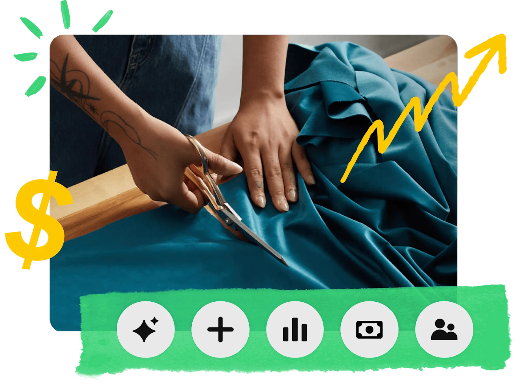 لقطة مقربة لشخص يقطع قطعة قماش باللون الأزرق المخضر، وعلامة الدولار الصفراء وسهم متعرج يشير إلى الأعلى وإلى اليمين