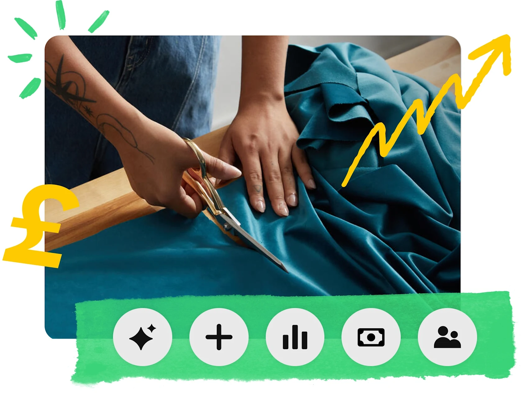 Close-up of a person cutting a bolt of teal fabric, with a yellow dollar sign on the bottom left-hand side and a yellow zigzag arrow pointing up to the right