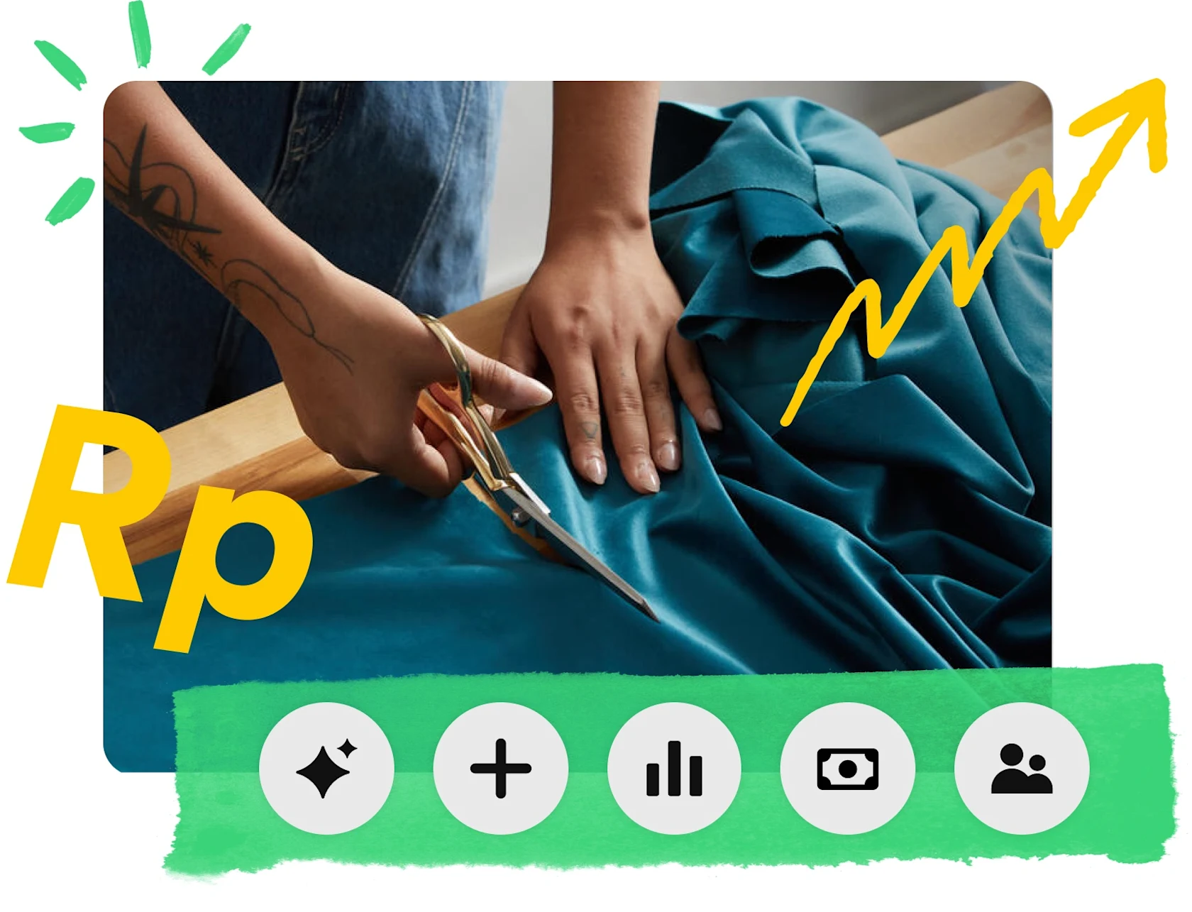 Gambar close-up seseorang yang memotong kain warna teal, simbol dolar kuning dan panah zigzag menunjuk ke kanan atas