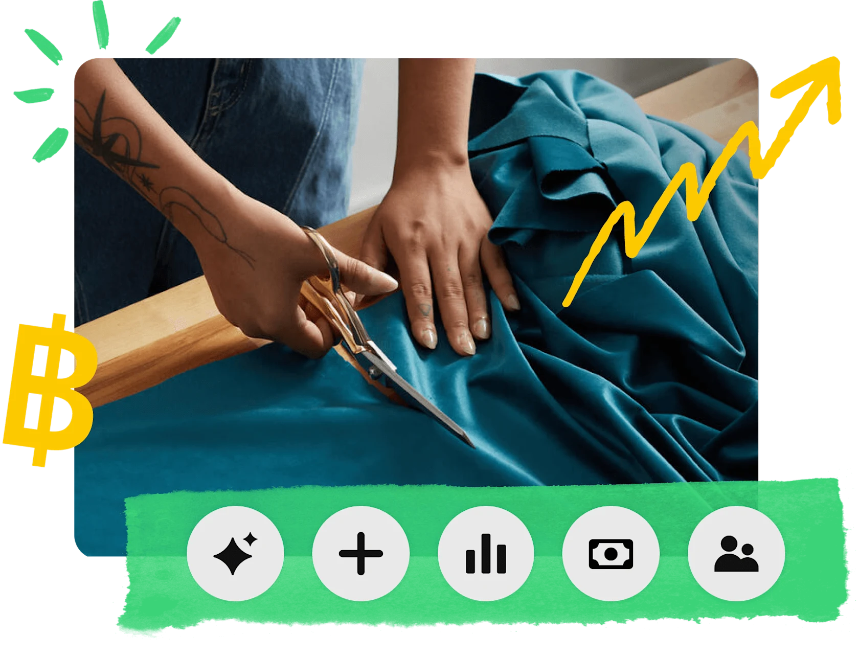 ภาพระยะใกล้ของคนกำลังตัดม้วนผ้าสีน้ำเงินอมเขียว สัญลักษณ์ดอลลาร์สีเหลือง และลูกศรซิกแซกชี้ขึ้นทางขวา