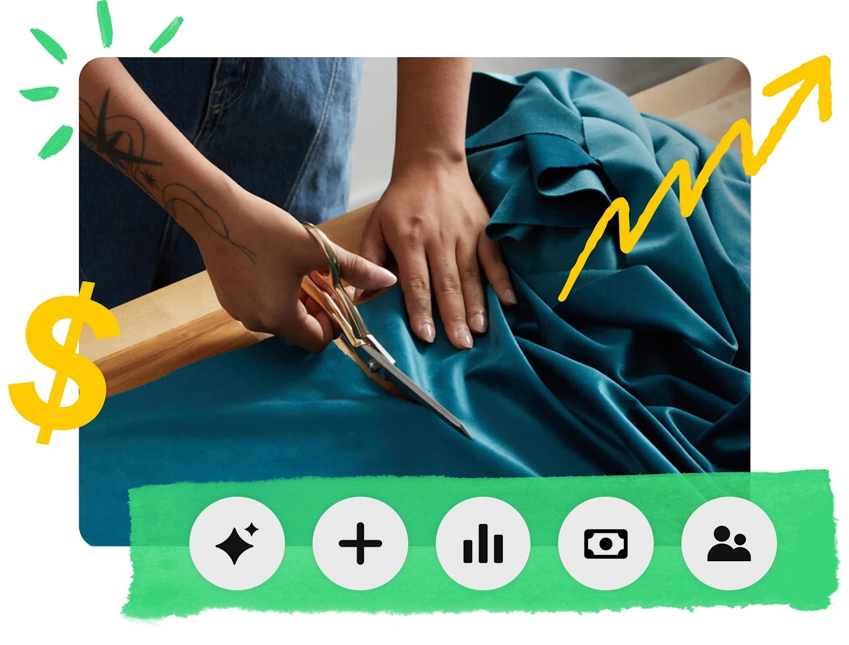 Close-up of a person cutting a bolt of teal fabric, yellow dollar sign and zigzag arrow pointing upward to right