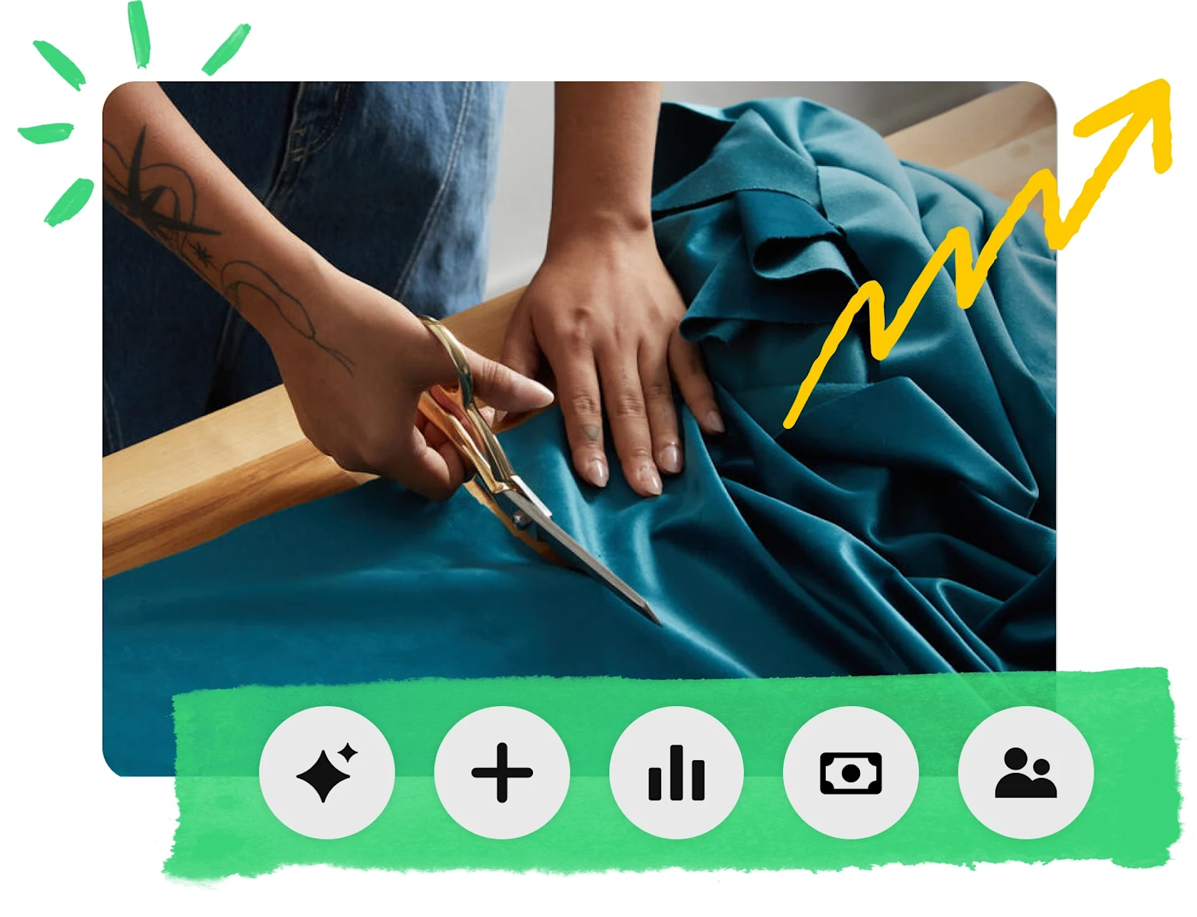 Close-up of a person cutting a bolt of teal fabric, with a yellow dollar sign on the bottom left-hand side and a yellow zigzag arrow pointing up to the right