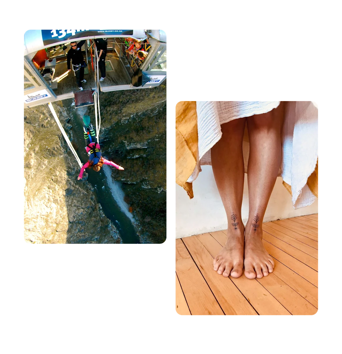 Two pins, bungee jumping, leg tattoos