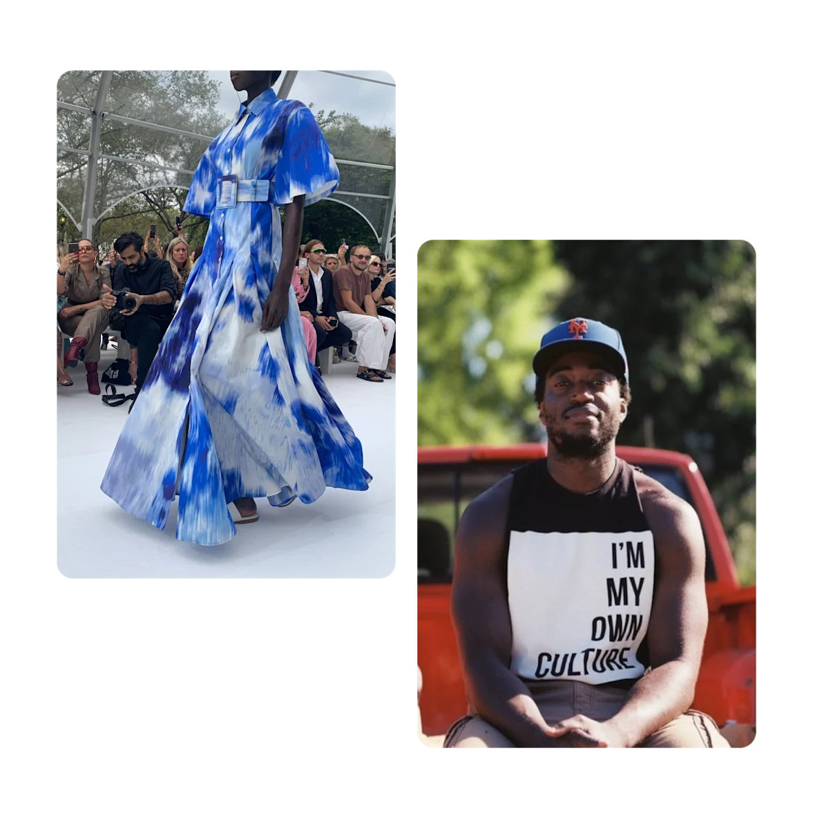 2 pins, black model walking runway, black man sitting on truck