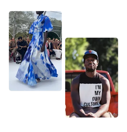 2 pins, black model walking runway, black man sitting on truck