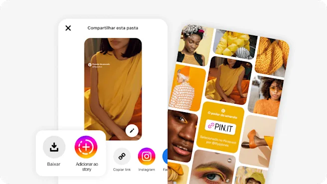 Tela no aplicativo do Pinterest para compartilhamento de pastas, com mulher de vestido amarelo e uma grade com roupas amarelas.