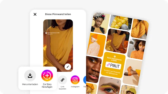 „Pinnwand teilen“-Bildschirm der Pinterest-App, auf dem eine Frau in einem gelben Kleid und ein Raster mit gelben Outfits zu sehen ist.