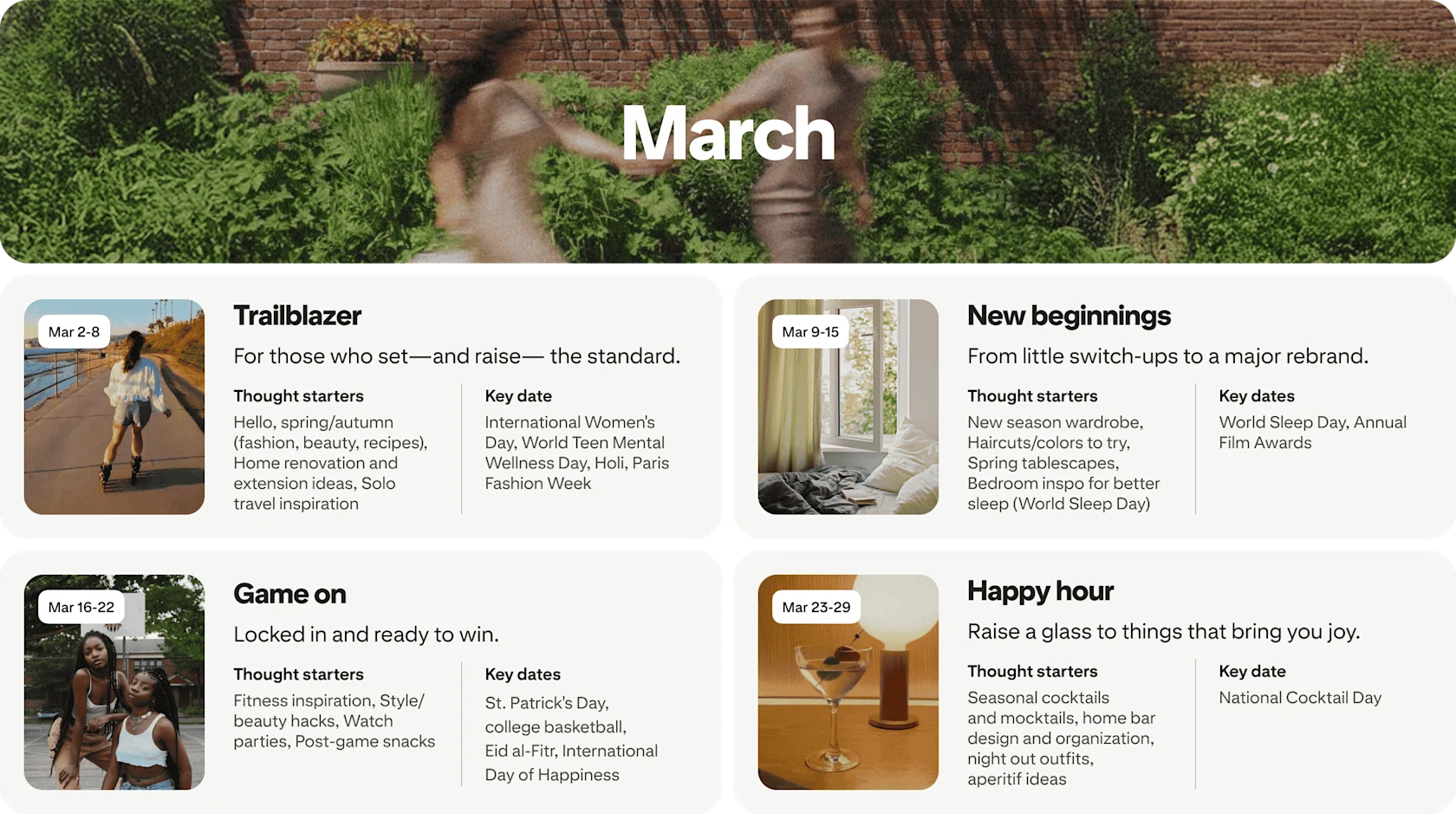 March planner view with four cards: Trailblazer, New beginnings, Game on and Happy hour, each dated and paired with photos.
