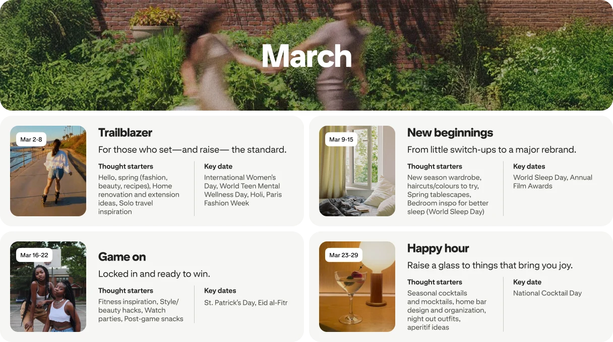 March planner view with four cards: Trailblazer, New beginnings, Game on and Happy hour, each dated and paired with photos.