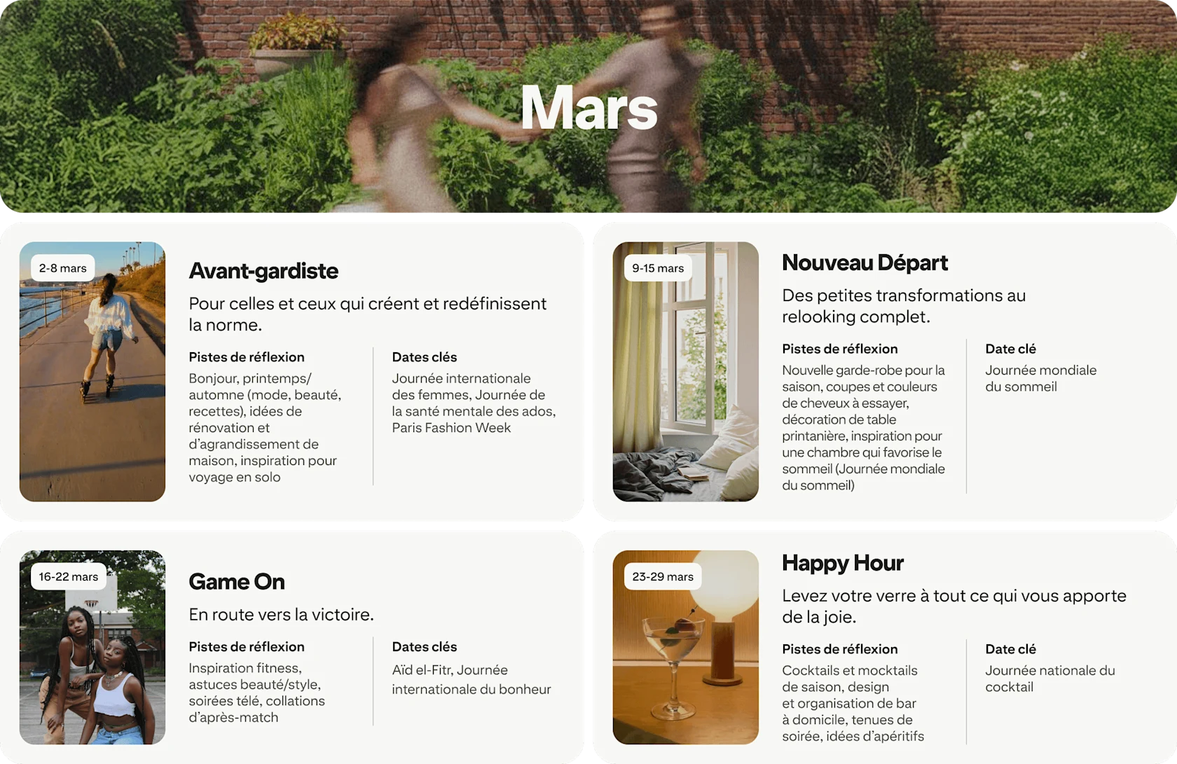 March planner view with four cards: Trailblazer, New beginnings, Game on and Happy hour, each dated and paired with photos.