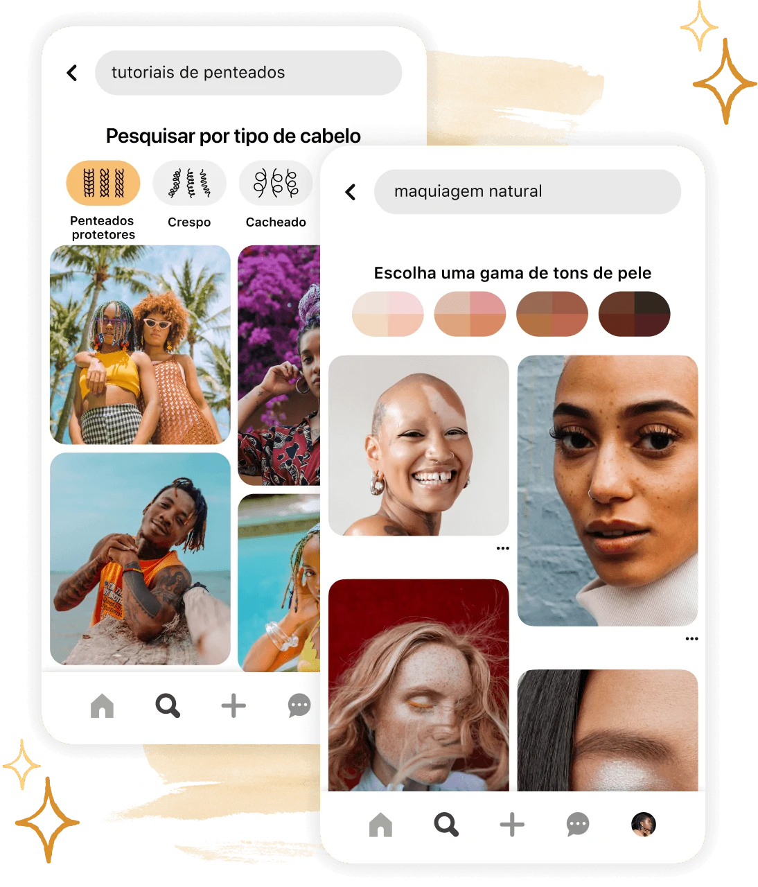 Pinterest app UI showing new search refinement tools for hair pattern and skin tone.