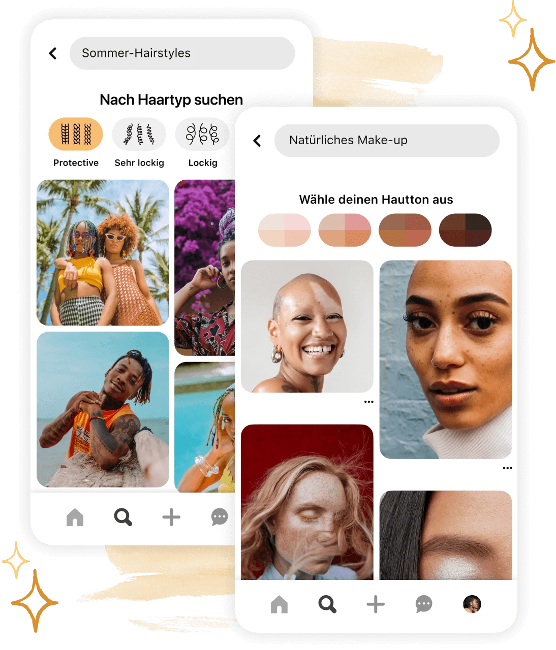 Pinterest app UI showing new search refinement tools for hair pattern and skin tone.