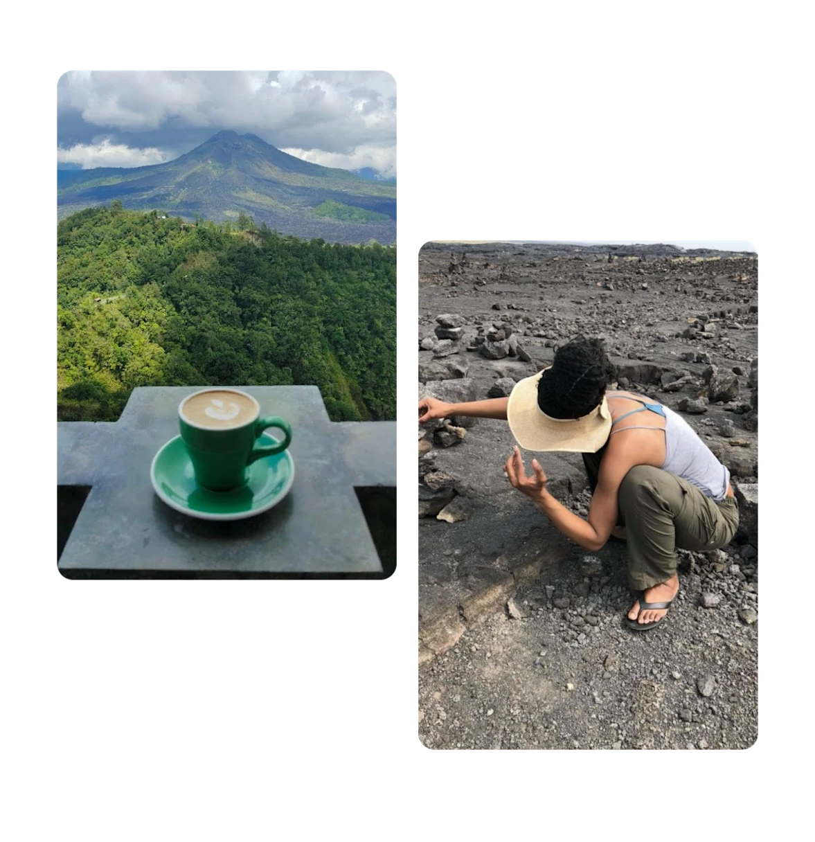 Two pins, copy on ledge looking out toward mountain, woman kneeling down on beach
