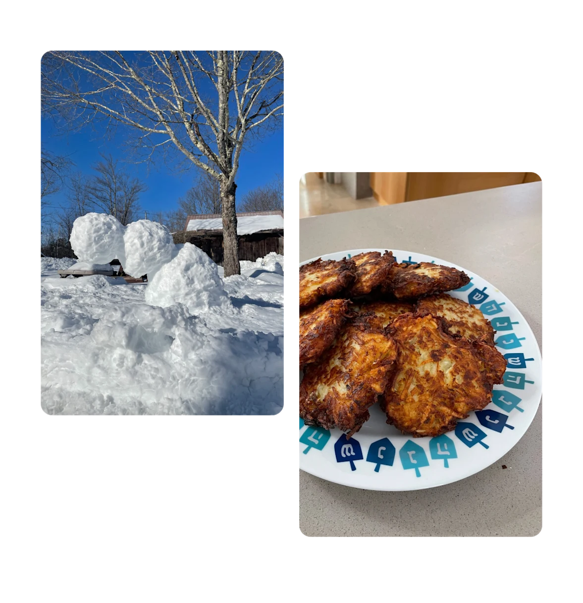 Two pins, melting snowman, plate of potato latkes