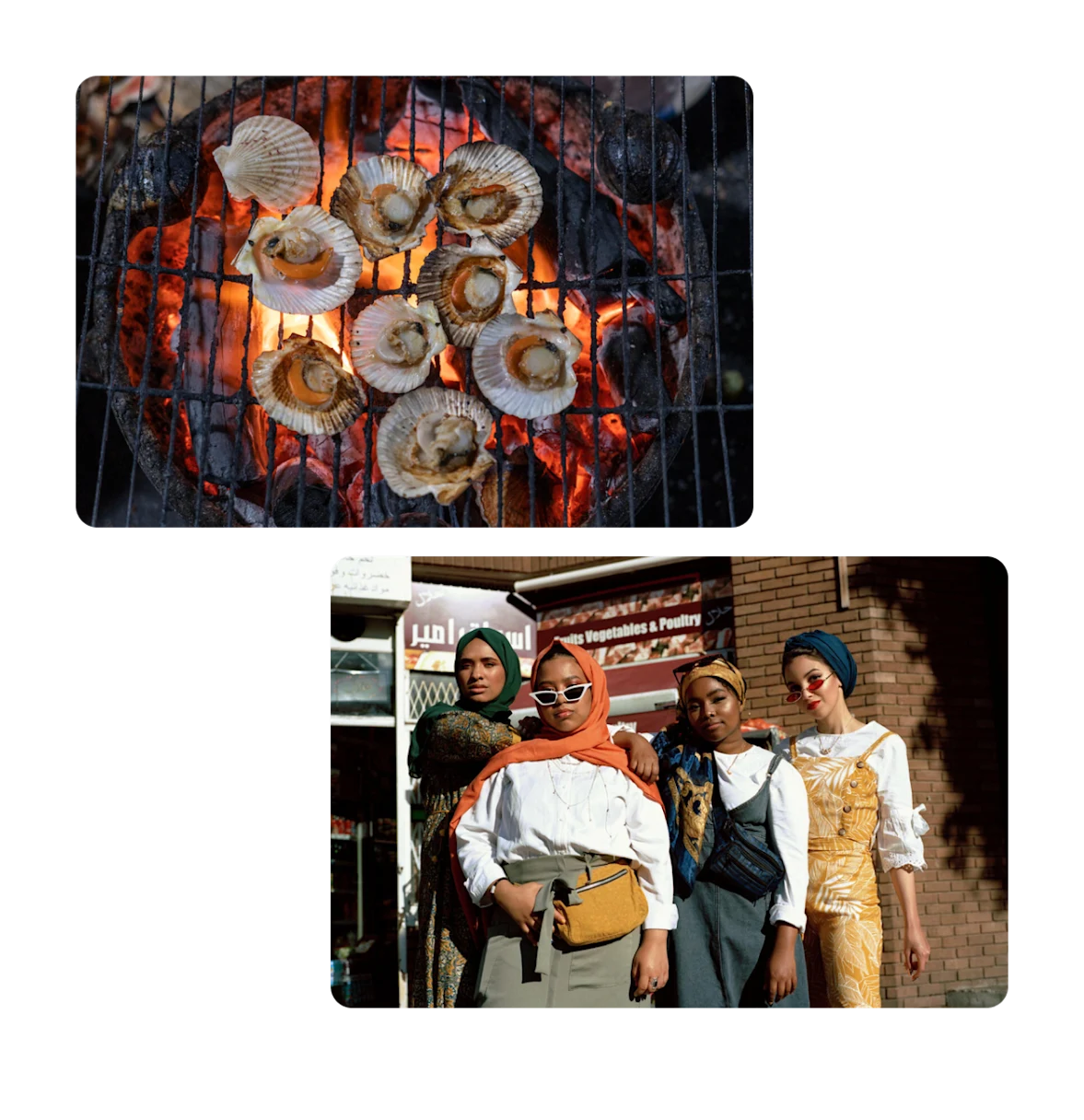 Two pins, bbq scallops, four fashionable friends posing