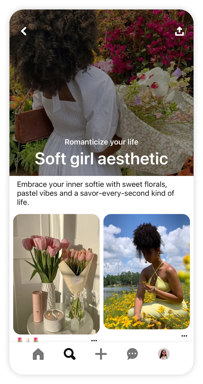 Screen shot of Pinterest app showing trend article for soft girl aesthetic