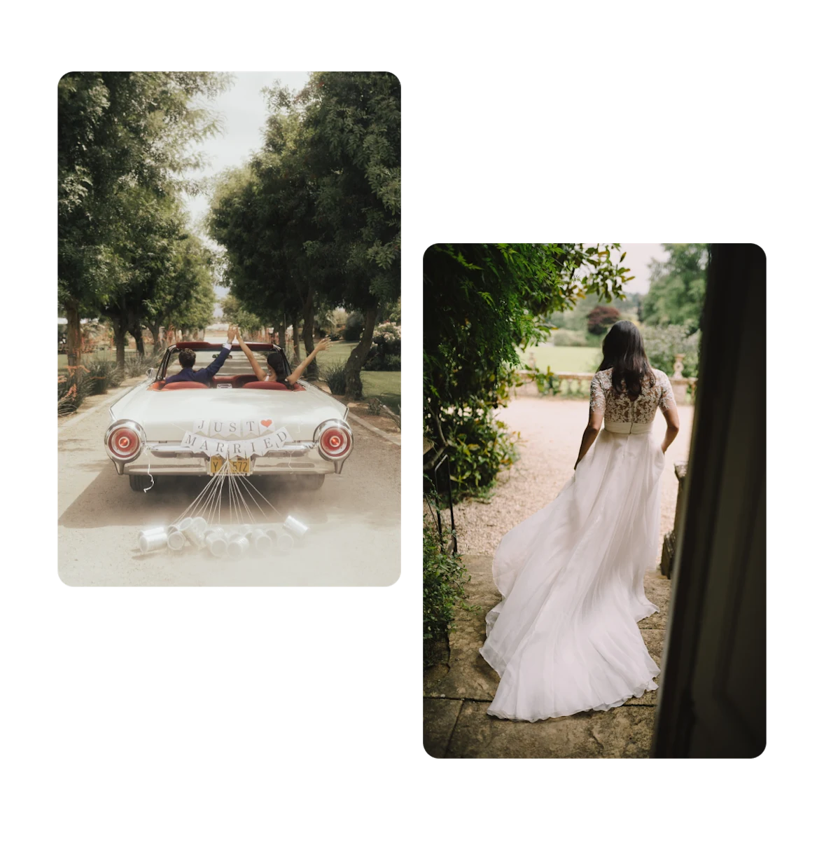 Two pins, just married getaway car, back of bride