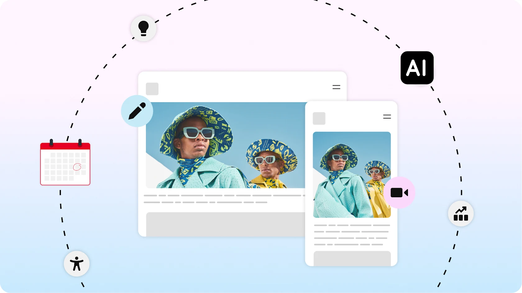 An artistic representation of content creation with AI, with a dotted circle of icons including analytics, AI, ideas, scheduling, and teams around an image of two people in colorful outfits