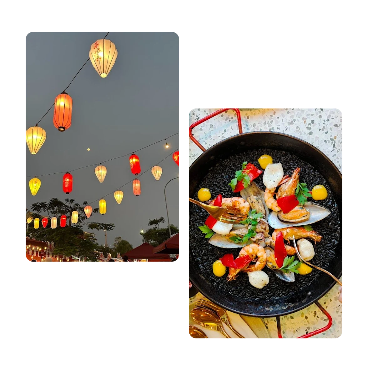 Two pins, decorative outdoor string of lanterns, wok filled with food