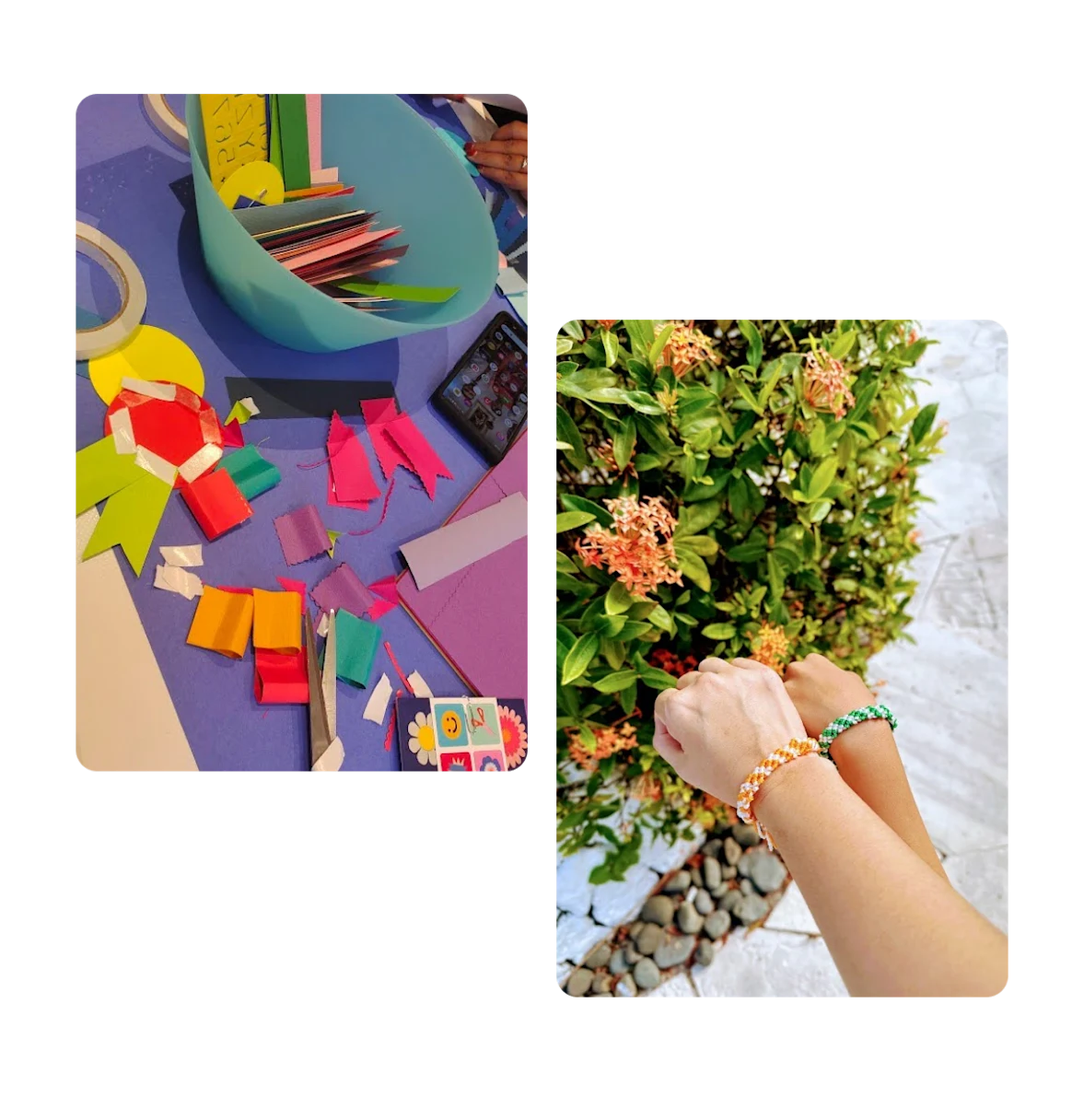 Two pins, collage materials on tables, hands making floral arrangement