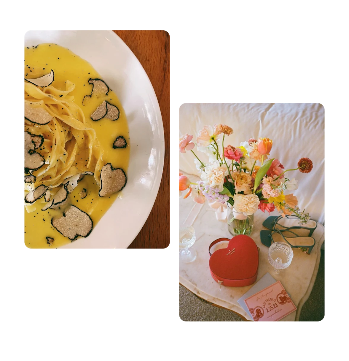 Two pins, truffle pasta dish, valentine's day gifts