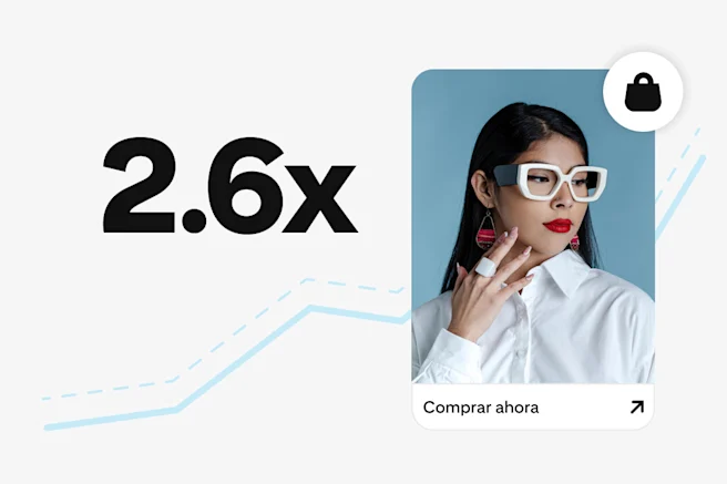 Aparece un “dos punto seis veces” en negrita junto a la foto de una joven con anteojos blancos grandes y joyas elegantes. Debajo, se encuentra un botón “Comprar ahora”, con un gráfico de líneas azul claro en el fondo que sugiere un crecimiento en ascenso.