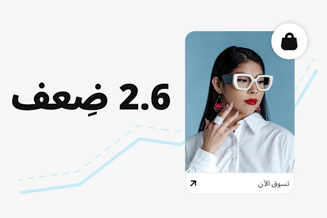 صورة لامرأة شابة ترتدي نظارة بيضاء كبيرة وحليًّا أنيقة، وبجانبها يظهر الرقم "2.6x" بخطٍ عريض. أسفل الصورة، يظهر زر "تسوّق الآن"، مع رسم خط بياني تصاعدي باللون الأزرق الفاتح في الخلفية، ما يوحي بالنمو وزيادة المبيعات.