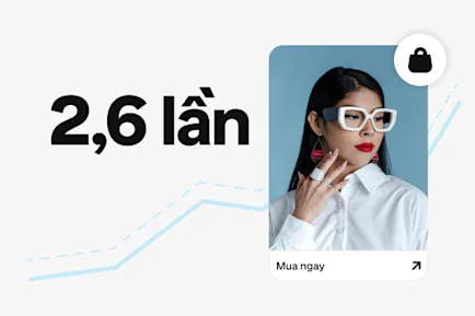 Chữ in đậm "2,6 lần" hiển thị bên cạnh bức ảnh một người phụ nữ trẻ đeo kính trắng cỡ lớn và trang sức thời trang. Bên dưới hình ảnh, có nút "Mua ngay", với biểu đồ đường màu xanh nhạt trong nền cho thấy sự tăng trưởng theo hướng đi lên.