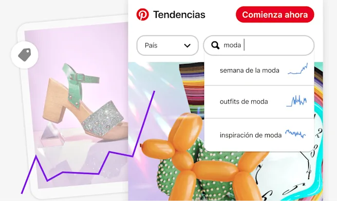 Pantalla de móvil de la interfaz de Pinterest Trends con una barra de búsqueda de “moda” y tendencias relacionadas, superpuesta sobre un Pin de imagen de un zapato con plataforma. Una línea de gráfico fluctuante indica el interés a lo largo del tiempo.