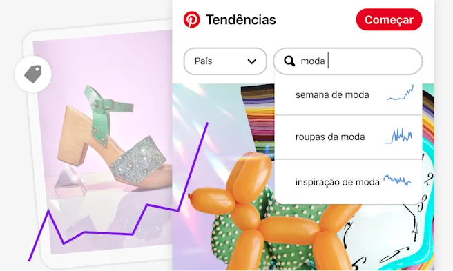 Tela de dispositivo móvel com a interface Pinterest Trends com uma barra de pesquisa por "moda" e Tendências relacionadas, sobre um Pin de um sapato plataforma. Uma linha de gráfico flutuante mostra Interesse ao longo do tempo.