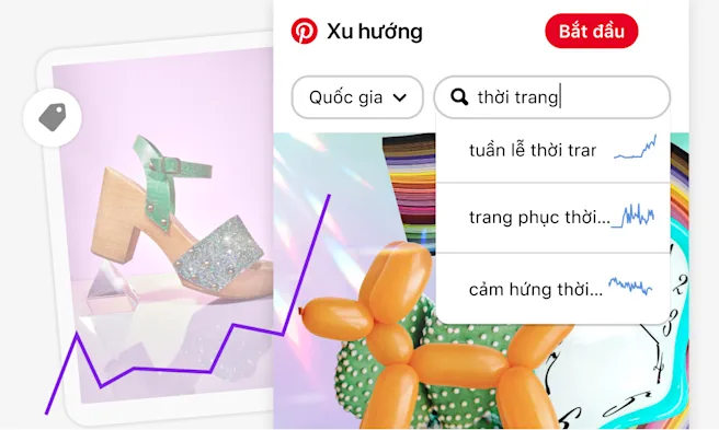 Giao diện Pinterest Trends trên thiết bị di động có thanh tìm kiếm cho từ khóa "thời trang" và các tùy chọn xu hướng liên quan, chồng lên hình ảnh Ghim về một đôi giày đế xuồng. Đường biểu đồ dao động cho biết mức độ quan tâm theo thời gian.