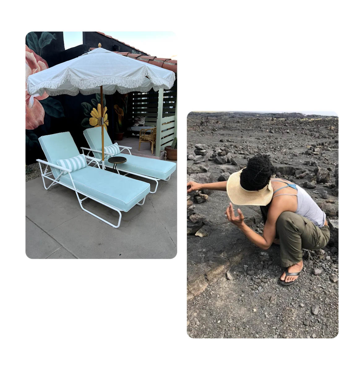 Dois Pins, espreguiçadeiras com guarda-sol, mulher em praia de pedras