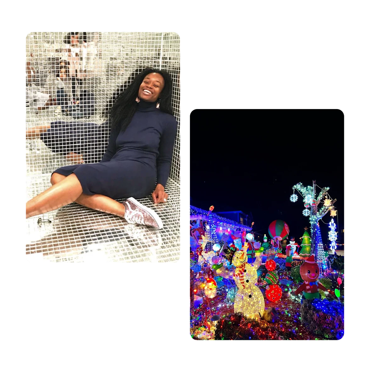Two pins, woman sitting in room of mirrors, outdoor holiday decorations