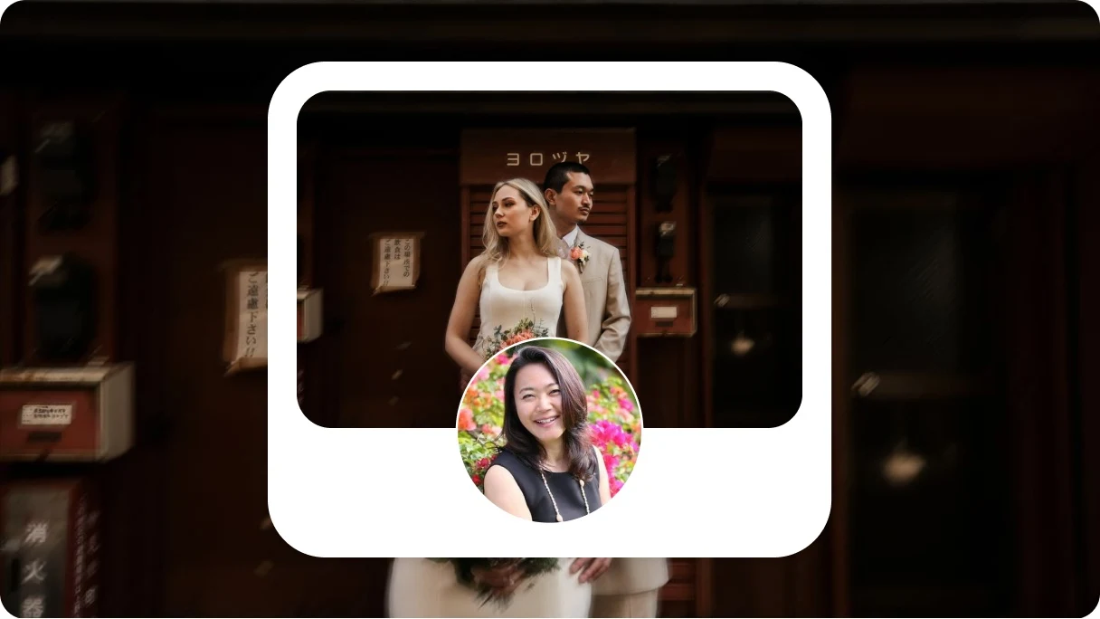 A photo of a bride in a white dress holding a bouquet and a groom in a tan suit. Creator Mina Usui’s (@japanweddings) profile image of a smiling woman in a tank top is overlaid over the photo.