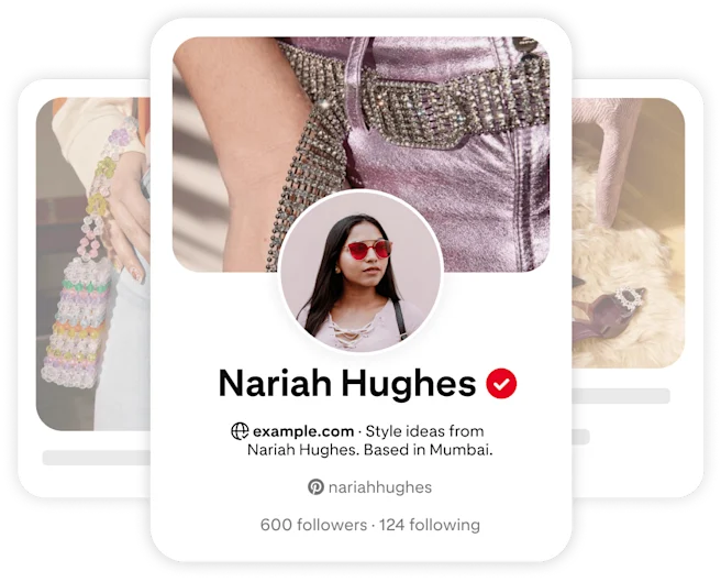Pinterest profile card for Nariah Hughes, featuring a circular image of her smiling, wearing a stylish outfit with intricate detailing.
