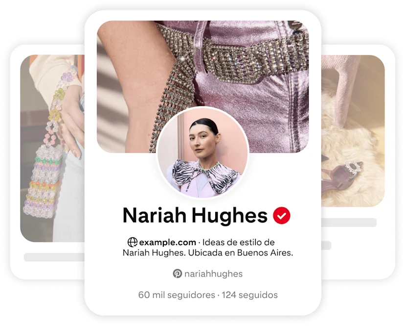 Pinterest profile card for Nariah Hughes, featuring a circular image of her smiling, wearing a stylish outfit with intricate detailing.