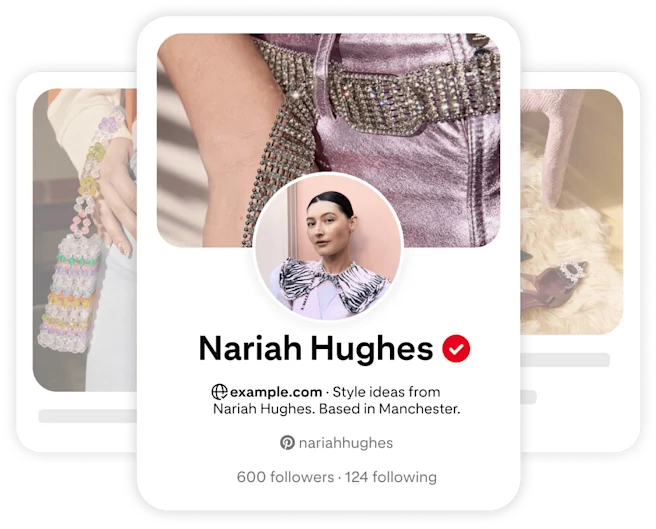 Pinterest profile card for Nariah Hughes, featuring a circular image of her smiling, wearing a stylish outfit with intricate detailing.