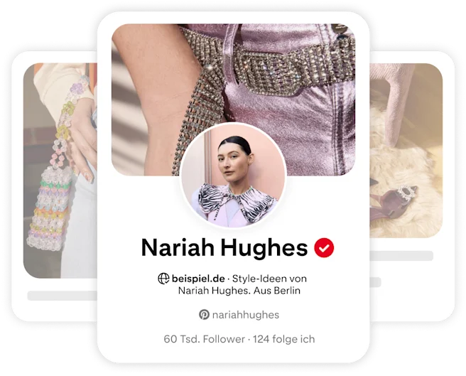 Pinterest profile card for Nariah Hughes, featuring a circular image of her smiling, wearing a stylish outfit with intricate detailing.