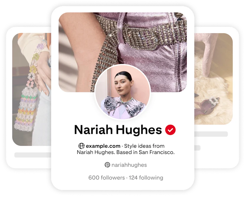 Pinterest profile card for Nariah Hughes, featuring a circular image of her smiling, wearing a stylish outfit with intricate detailing.