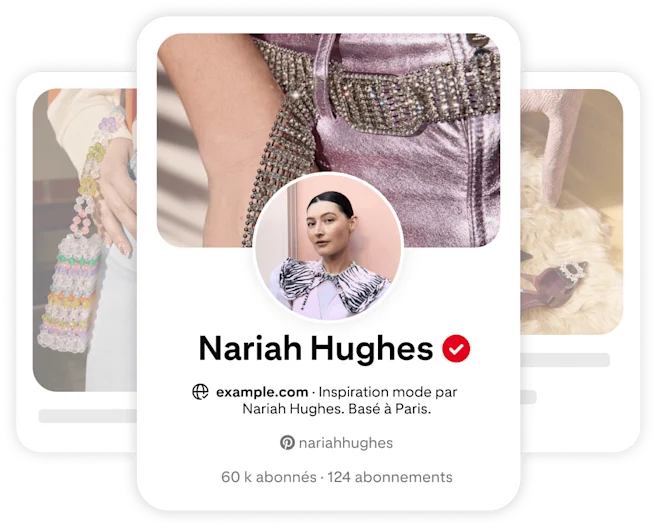 Pinterest profile card for Nariah Hughes, featuring a circular image of her smiling, wearing a stylish outfit with intricate detailing.