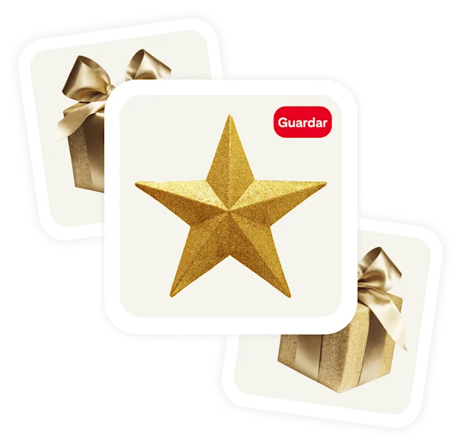 Cluster of 3 pins, gold star in center with two wrapped gifts in gold with shiny bows on each side.