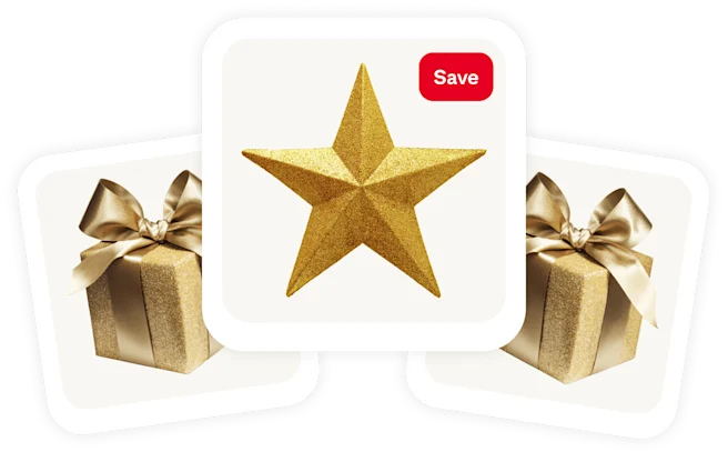 Cluster of 3 pins, gold star in center with two wrapped gifts in gold with shiny bows on each side.