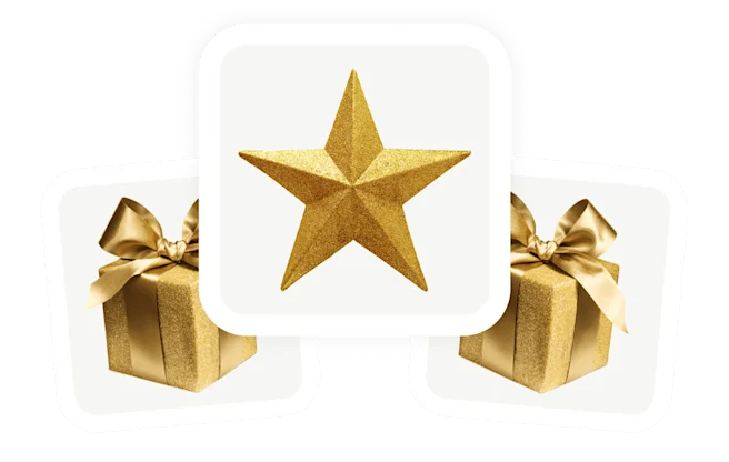 Cluster of 3 pins, gold star in center with two wrapped gifts in gold with shiny bows on each side.
