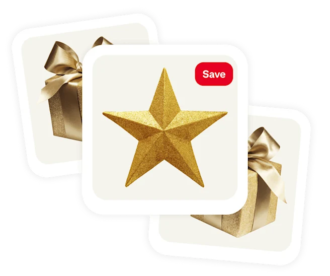 Cluster of 3 pins, gold star in center with two wrapped gifts in gold with shiny bows on each side.