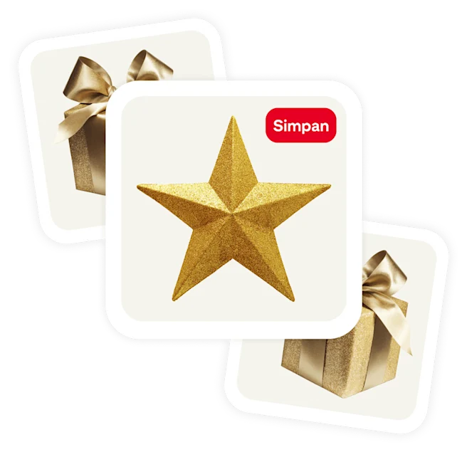 Cluster of 3 pins, gold star in center with two wrapped gifts in gold with shiny bows on each side.