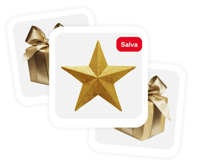 Cluster of 3 pins, gold star in center with two wrapped gifts in gold with shiny bows on each side.