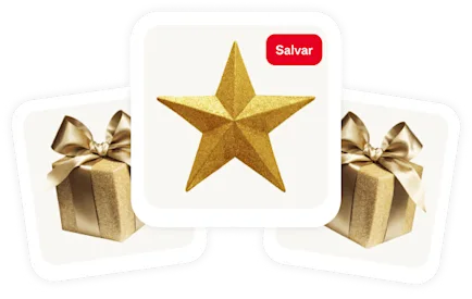 Cluster of 3 pins, gold star in center with two wrapped gifts in gold with shiny bows on each side.