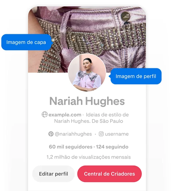 Mobile screenshot of Nariah Hughes' Pinterest profile, featuring two blue pop-up buttons labeled 'Cover image' and 'Profile image' pointing to her cover image and profile image.